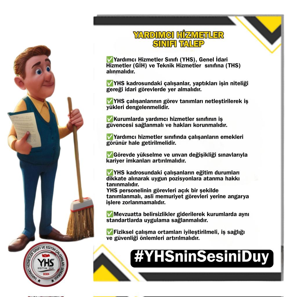 <a href="/YhsPlatformu/">Yardımcı Hizmetler Sınıfı Dayanışma Birliği</a> <a href="/RTErdogan/">Recep Tayyip Erdoğan</a> <a href="/hasandogan/">Hasan Doğan</a> <a href="/eczozgurozel/">Özgür Özel</a> <a href="/MDervisogluTR/">Müsavat Dervişoğlu</a> <a href="/dbdevletbahceli/">Devlet Bahçeli</a> <a href="/erbakanfatih/">Dr. Fatih Erbakan</a> <a href="/_cevdetyilmaz/">Cevdet Yılmaz</a> <a href="/ComezTurhan/">Turhan Çömez</a> Bizler 657 Sayılı Devlet Memurları Kanunu'na tabi 156 bin #YardımcıHizmetlerSınıfı memurlarıyız.
Eğitimlerimizi tamamlamış çalışanlar olarak talebimiz; #YhsÇözümBekliyor
Sınava tabii tutulmadan bir defaya mahsus olmak üzere GİH ya da THS kadrolarına geçiş yapmak istiyoruz.