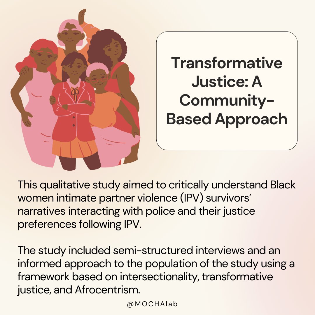 The_MochaLab's tweet photo. In this article, Sharpless et al., aimed to explore how transformative justice, a community-based approach, can be utilized as an alternative form to facilitating justice and repairing harm for Black women survivors of intimate partner violence (IPV). Click the link in our bio - https://t.co/Obj9501iFj