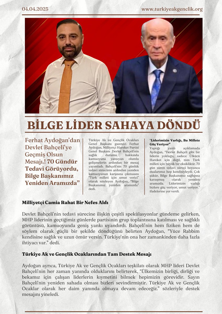 BİLGE LİDER SAHAYA DÖNDÜ

Gazeteci #FerhatAydoğan’dan Devlet Bahçeli’ye Geçmiş Olsun Mesajı

“70 Gündür Tedavi Görüyordu, Bilge Başkanımız Yeniden Aramızda”

#DevletBahçeli #TürkiyeAkGençlikOcakları