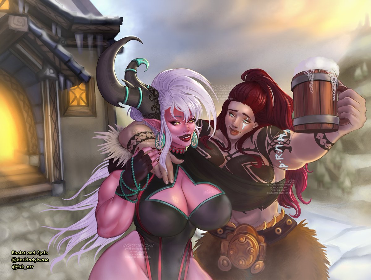 【Half Body + Full Color + BG collab c*mm】       
🐉Ebolet and Sjofn🍻

Look at these besties having the greatest time! ;u;

#worldofwarcraft #dragoness