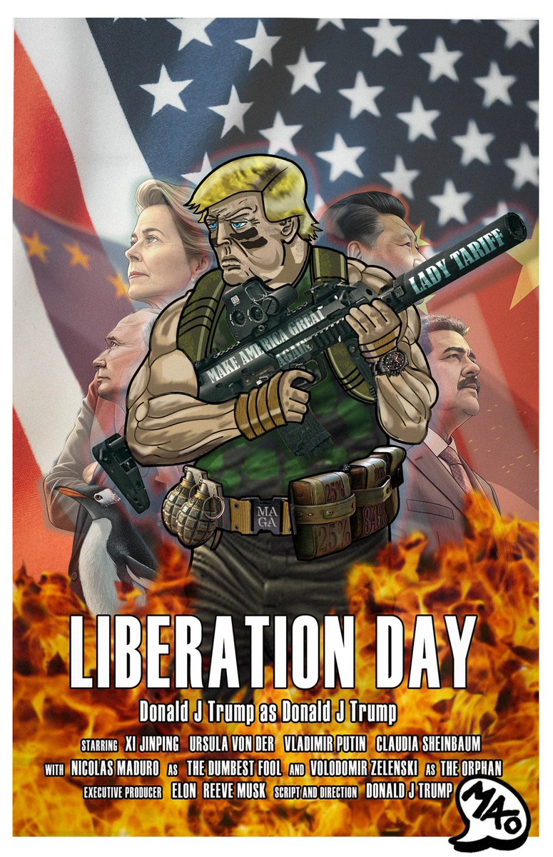 Edwart_76's tweet photo. The movie of the year. Liberation day. One of my cartoons. Enjoy it! @elonmusk @DonaldTrump #cartoons #liberationday2025 #art #DonaldTrump #USA https://t.co/XTJh42g7U0