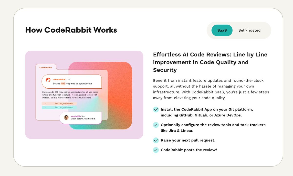 MacopeninSUTABA's tweet image. AI駆動開発でも紹介されていた「CodeRabbit」が良かったでの共有。PR作成時に自動で要約とレビューが走る。無駄なレビュー時間を削減しつつ、品質も担保できるのが大きい。
こちら👇
coderabbit.ai
#CodeRabbit #PR