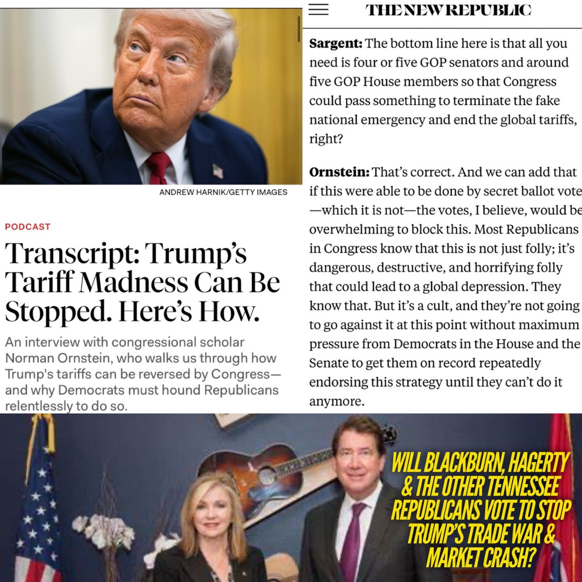 TheTNHoller's tweet image. Soon @MarshaBlackburn &amp;amp; @SenatorHagerty are going to get a chance to vote to stop Trump’s trade war &amp;amp; market crash. 

When, not if, they vote to continue it, they will own it. (@RepTimBurchett @RepMarkGreen @RepChuck @RepHarshbarger you will also)

newrepublic.com/article/193607…