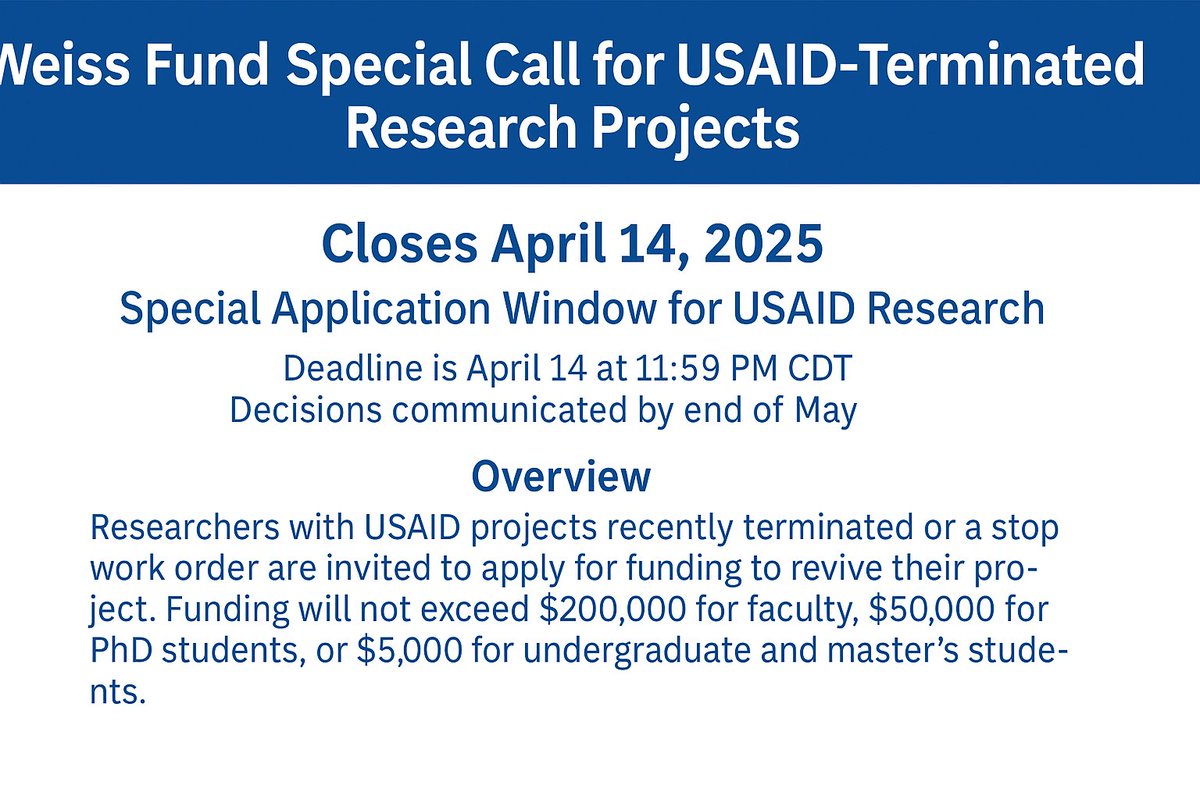 opportunitiesfy's tweet image. 🚨 USAID project halted? Apply by April 14 for up to $200K from the Weiss Fund to revive your research: wp.me/p23f03-dHj
#ResearchFunding #WeissFund #DevelopmentEconomics #USAID