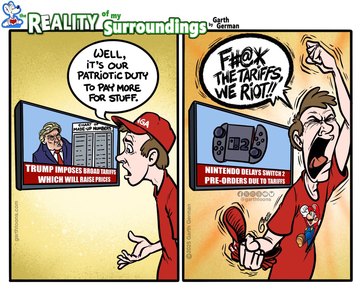 garthtoons's tweet photo. Don’t get between a man and his Mario Kart. 

Follow for more cartoons!

#Switch2 #Switch #NintendoSwitch2 #TrumpTariffs #TrumpTax #tariffs #TariffWar #TariffImpact https://t.co/WZSuuUxPob