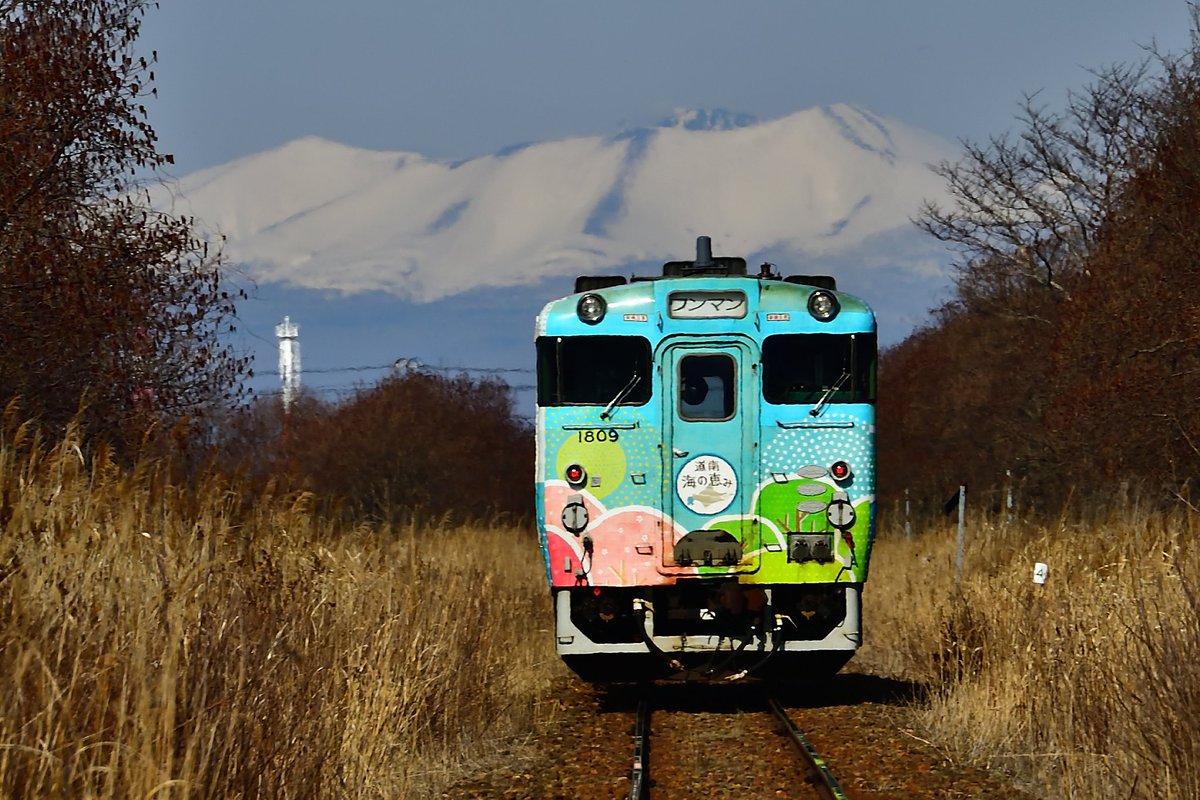 今日は日高本線に来てます。
お天気最高です😁👍
先ずは1枚、後追いでなければ撮れないアングルです。

日高本線、勇払～浜厚真間

2025年4月5日撮影

#キハ40
#キハ40系
#樽前山 
#道南海の恵み
#列車のある風景
#撮り鉄
#鉄道写真
#鉄道ファン
#鉄道のある風景
#鉄道好き
#日高本線 
#厚真町