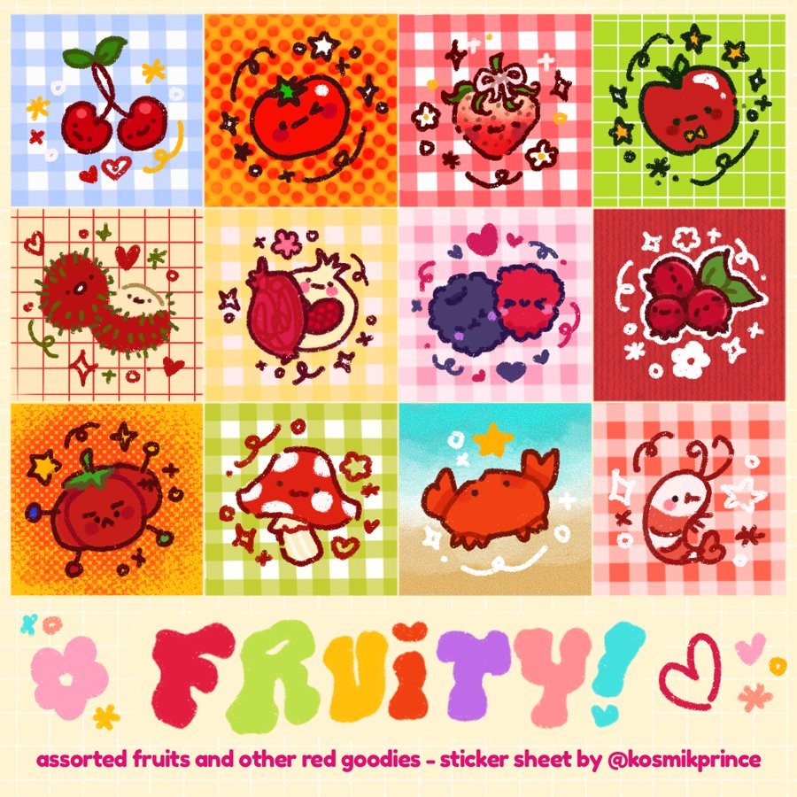 lovebugcore's tweet photo. what's your favorite red fruit? mine's an angry tomato pin cushion >:) 🍅♥️♥️♥️

catch these red fruits as a mini sticker sheet and a gacha button pin today at komiket x - table C40 !!🍅🍎🍒🍓🍄🦀🦐♥️ https://t.co/tEKgXMm48F
