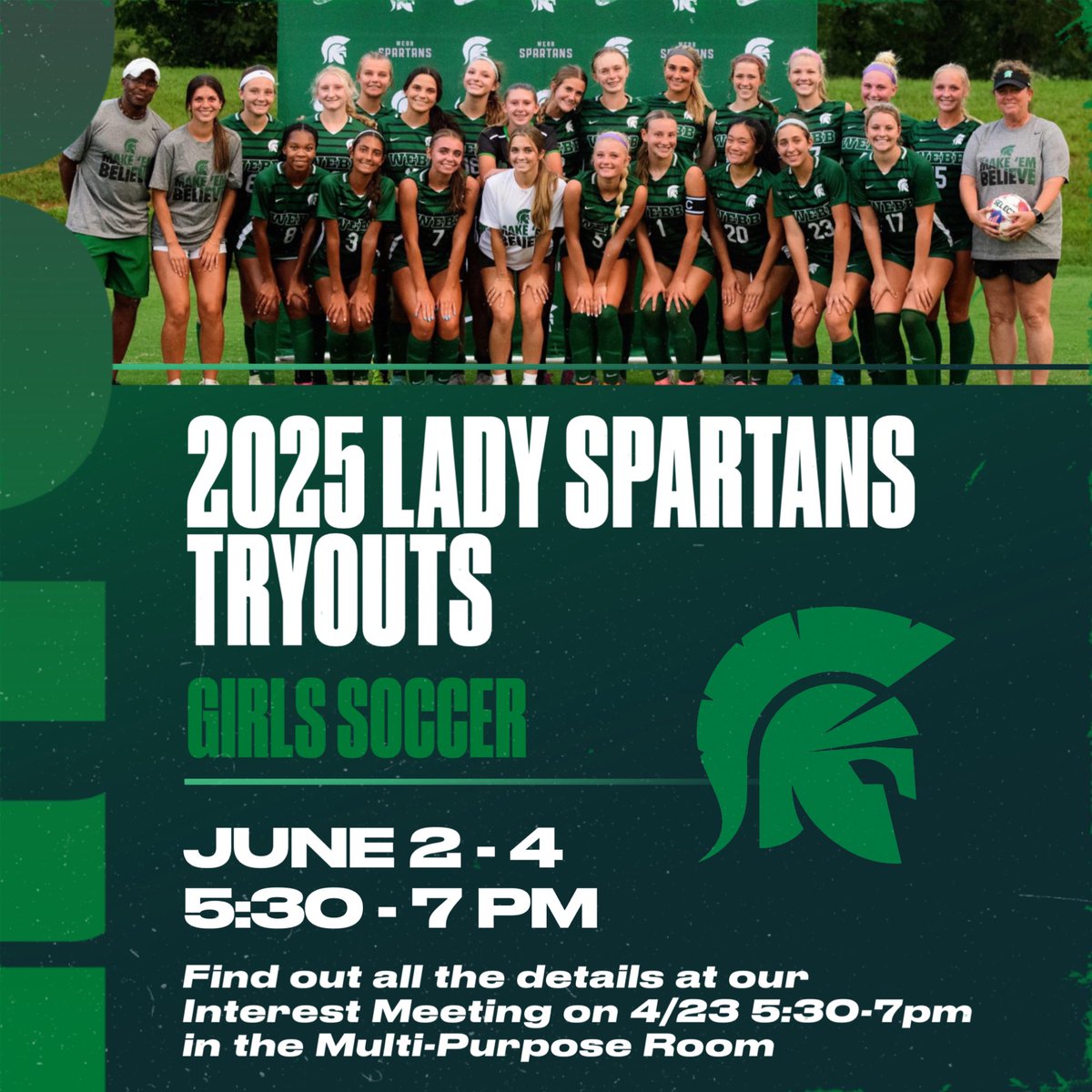 Webb Lady Spartans Soccer (@webbspartanwsoc) on Twitter photo Interested in playing on the Lady Spartans soccer team? Tryouts will be held June 2-4 from 5:30-7. Learn more at our Interest Meeting on 4/23 at 5:30 pm in the Multi Purpose Room! Go Lady Spartans!! <a href="/KnoxWebbSports/">Webb Athletics</a> Interested in playing on the Lady Spartans soccer team? Tryouts will be held June 2-4 from 5:30-7. Learn more at our Interest Meeting on 4/23 at 5:30 pm in the Multi Purpose Room! Go Lady Spartans!! <a href="/KnoxWebbSports/">Webb Athletics</a>