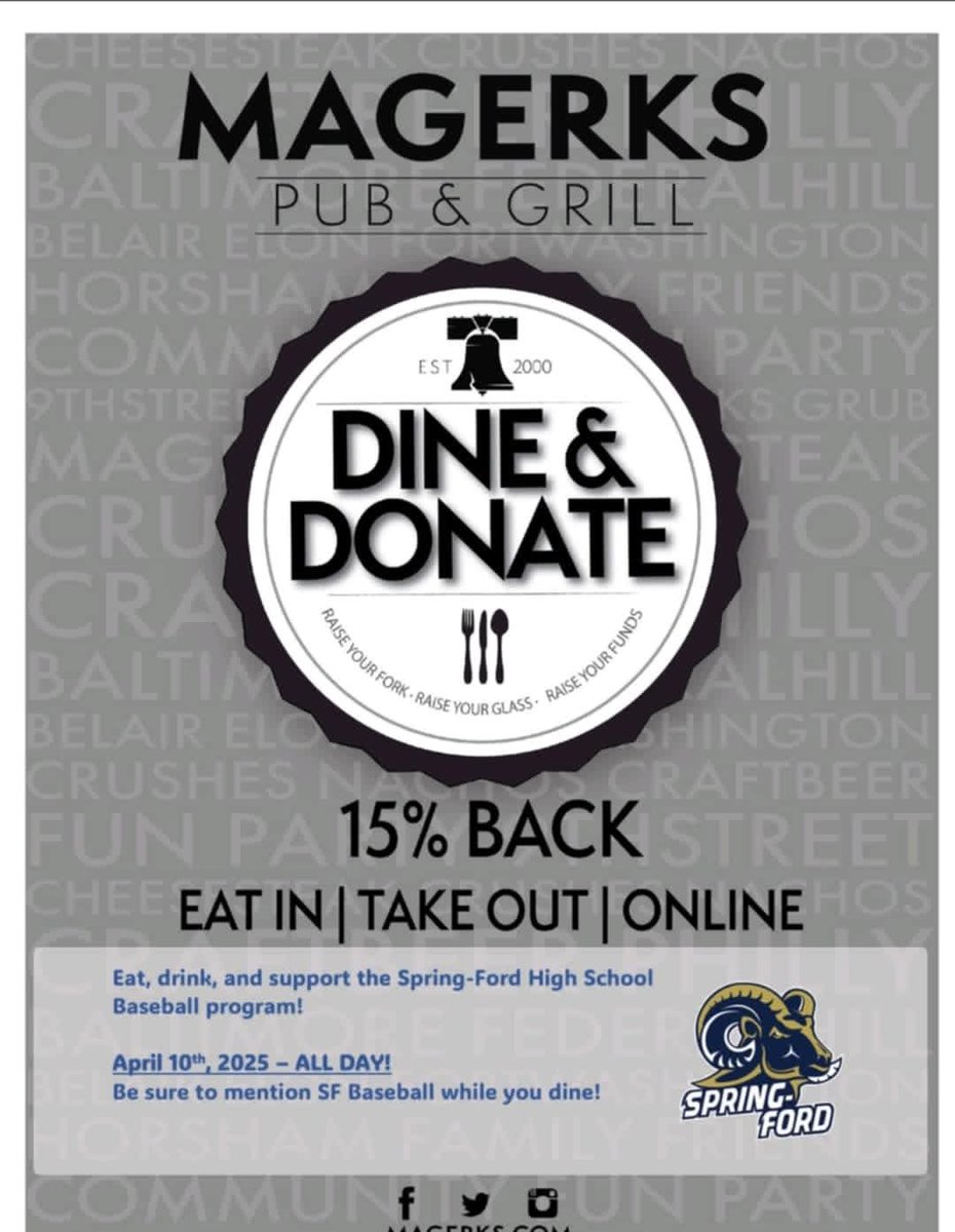 Spring-Ford Boosters (@sfordboosters) on Twitter photo ⚾️🍽️ Join Spring-Ford Baseball at MaGerk’s! 🍽️⚾️
📅 Date: Thursday, April 10th
⏰ Time: ALL DAY
📍 Location: MaGerk's Royersford
A portion of the night’s proceeds will support SF Baseball—dine in, or take out, mention our team! ⚾💙💛
Spring-Ford Baseball <a href="/SFRamsBaseball/">Spring-Ford Baseball</a> ⚾️🍽️ Join Spring-Ford Baseball at MaGerk’s! 🍽️⚾️
📅 Date: Thursday, April 10th
⏰ Time: ALL DAY
📍 Location: MaGerk's Royersford
A portion of the night’s proceeds will support SF Baseball—dine in, or take out, mention our team! ⚾💙💛
Spring-Ford Baseball <a href="/SFRamsBaseball/">Spring-Ford Baseball</a>