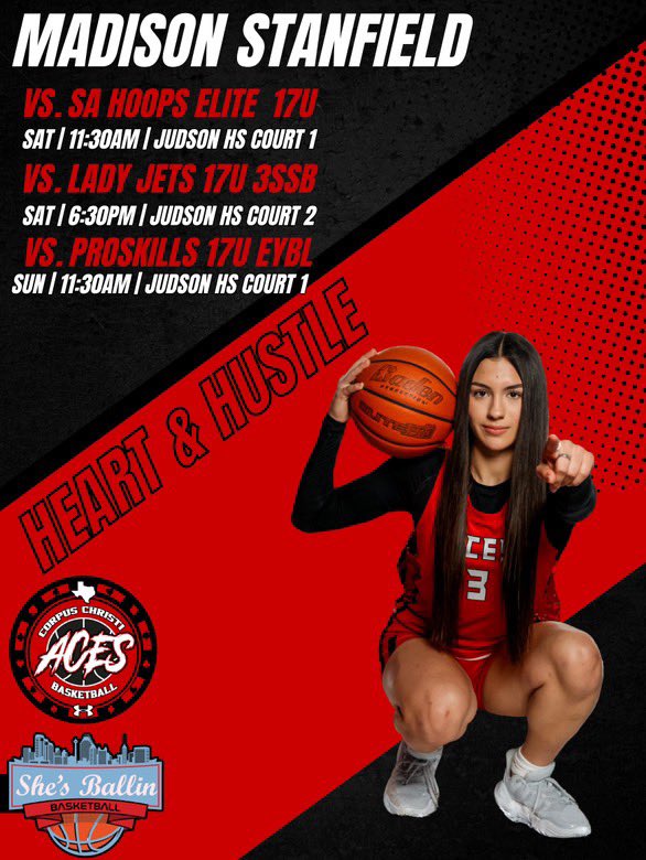 Madison Stanfield (@madisonstfld) on Twitter photo Coaches: we will be playing in San Antonio this weekend at the <a href="/ShesBallin/">ShesBallin</a> tournament. Come check us out! <a href="/CCTXACES/">Corpus Christi Aces Basketball</a> <a href="/CoachLMarshall/">Coach Marshall</a> <a href="/UARiseGirls/">UA Rise Girls I Basketball</a> <a href="/JrAllStarTexas/">Texas Jr. All-Star GBB</a> Coaches: we will be playing in San Antonio this weekend at the <a href="/ShesBallin/">ShesBallin</a> tournament. Come check us out! <a href="/CCTXACES/">Corpus Christi Aces Basketball</a> <a href="/CoachLMarshall/">Coach Marshall</a> <a href="/UARiseGirls/">UA Rise Girls I Basketball</a> <a href="/JrAllStarTexas/">Texas Jr. All-Star GBB</a>