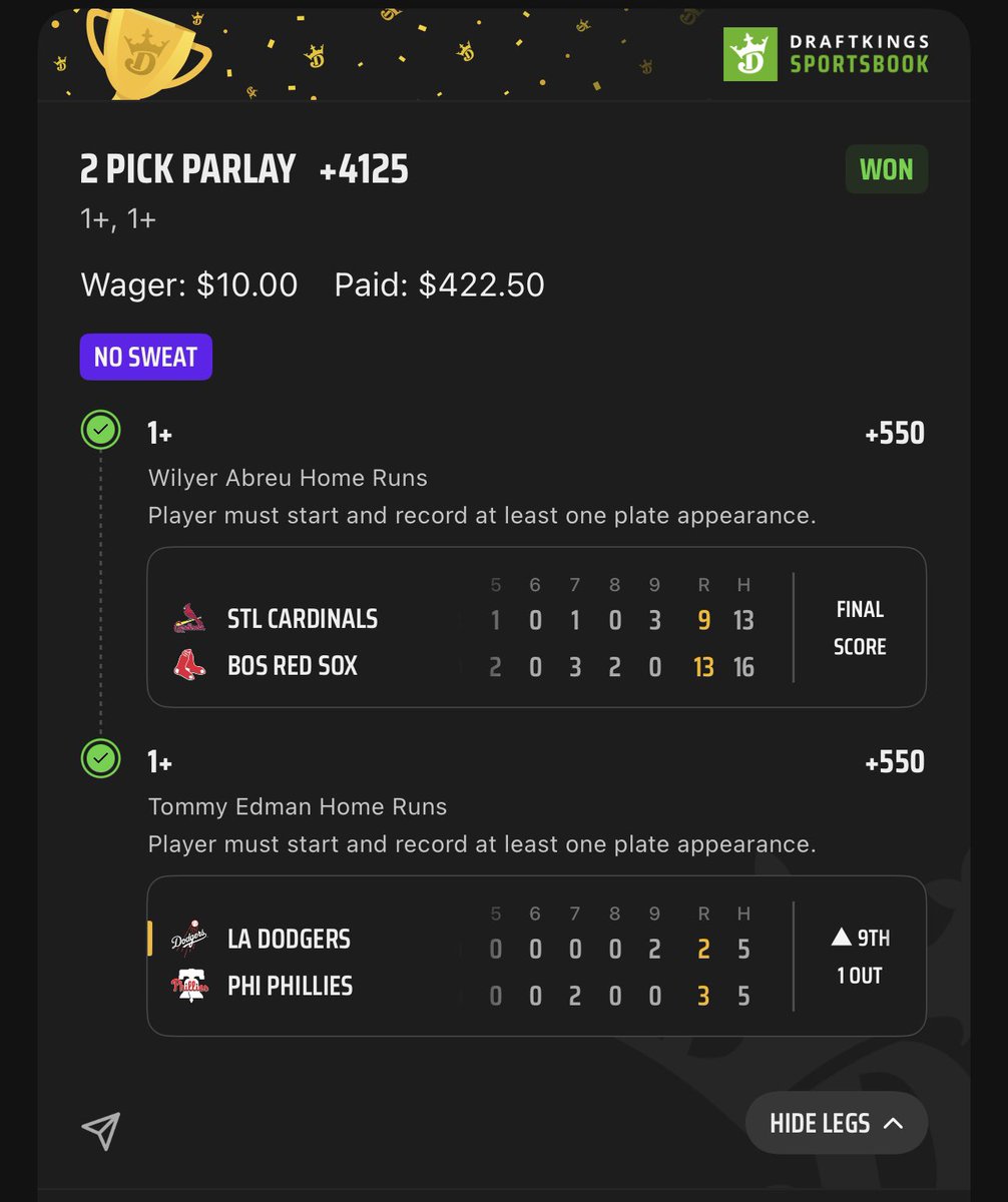 LETS GOOO 🚀💣

Cash the +4125 2 leg ✅✅

Idc if DK limits me to $10 for no sweats, I’m hyped to cash my first HR lay of the season 🫡

$10 -> $422.50 💰

whop.com/empire-sports-…
