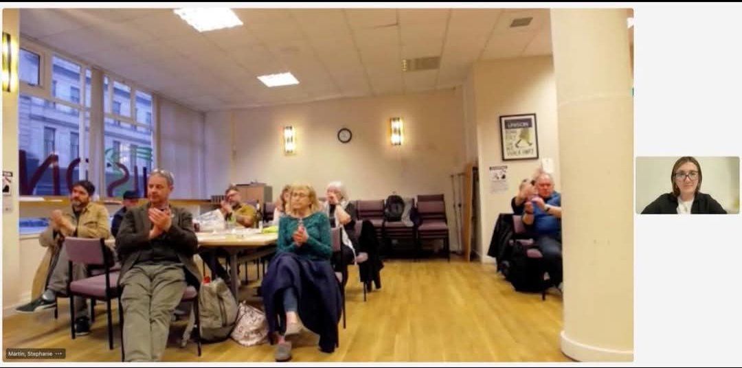 Ivanna Khrapko from Ukrainian <a href="/of_unions/">Federation of Trade Unions of Ukraine</a> in Kyiv addresses <a href="/unisonscot/">UNISON Scotland</a> International Ctee Sam McCartney celebration tonight - telling of the ongoing Russian attack today on Kryvyi Rih - 16 deaths. International solidarity in action will win!