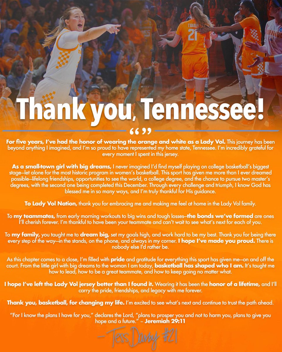 Five years. 146 games. A whole lot of threes — and memories I’ll carry with me forever. Once a Lady Vol, always a Lady Vol.

All glory to God
