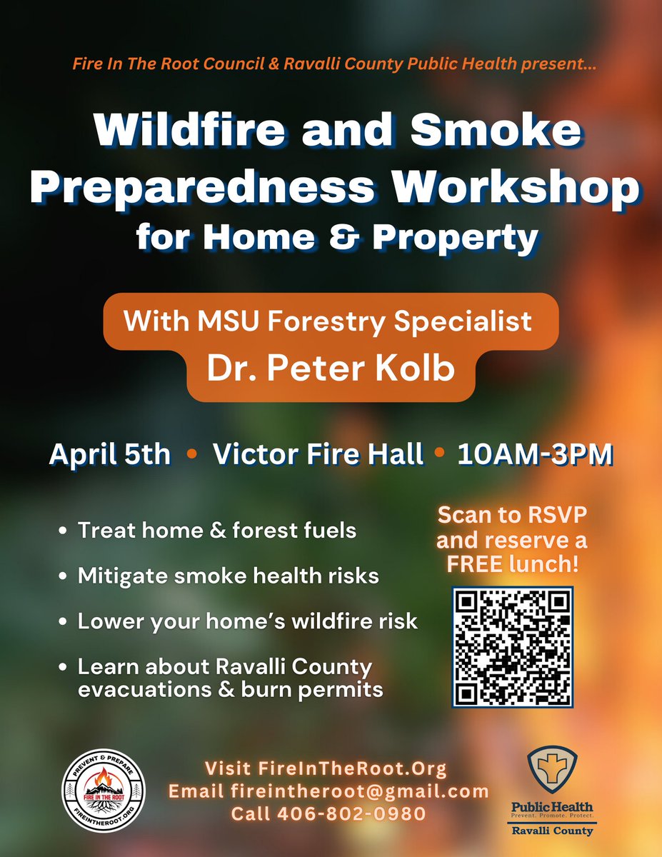 Join a Wildfire &amp; Smoke Preparedness Workshop THIS Saturday, April 5, 10am-3pm at Victor Fire Hall! 

This workshop is geared towards Ravalli County and Missoula County residents.

For more info, visit fireintheroot.org or call 406-802-0908.

#WildfirePreparedness