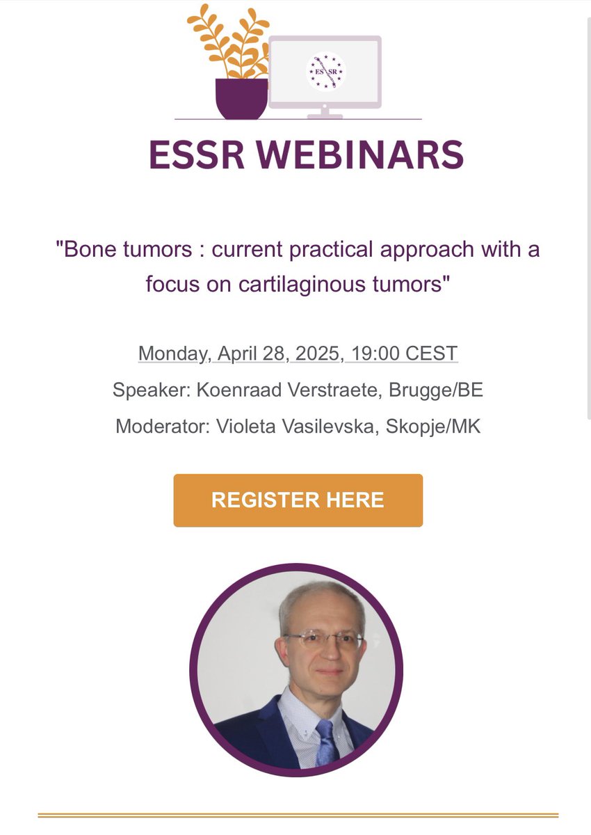 ESSRmsk's tweet image. NEW ESSR WEBINAR!
“Bone tumors : current practical approach with a focus on cartilaginous tumors”
Monday, April 28, 2025, 19:00 CEST
Speaker: Koenraad Verstraete, Brugge/BE
Moderator: Violeta Vasilevska, Skopje/MK
REGISTER HERE: us06web.zoom.us/webinar/regist…