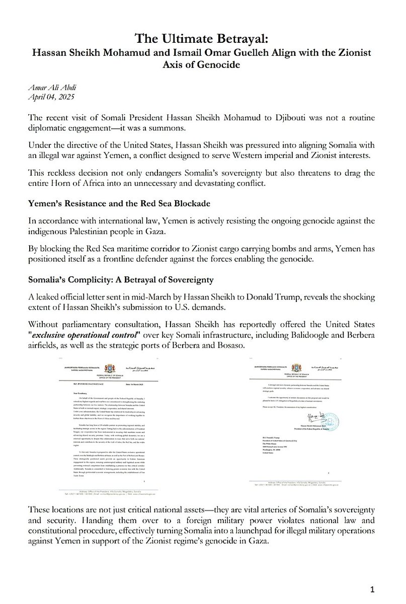 GlosoyaOrg's tweet image. 🚨 The Ultimate Betrayal!
The betrayal of Somalia and Djibouti by their corrupted leaders—aligning with a genocidal imperial agenda against Yemen and Palestine..
Somalia & Djibouti MUST NOT BE a launchpad for zionist genocidal wars!
A Must Read & Share!
#HornOfAfrica…