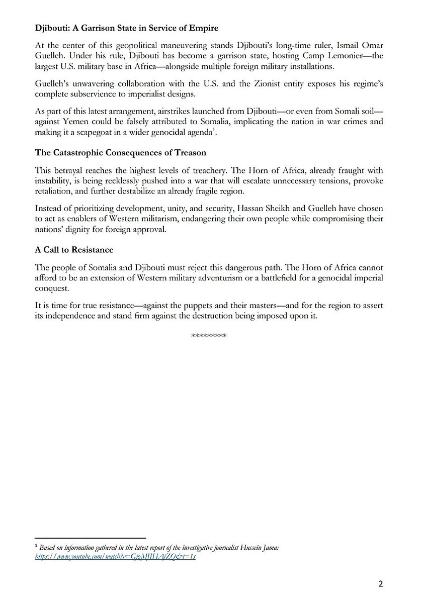GlosoyaOrg's tweet image. 🚨 The Ultimate Betrayal!
The betrayal of Somalia and Djibouti by their corrupted leaders—aligning with a genocidal imperial agenda against Yemen and Palestine..
Somalia & Djibouti MUST NOT BE a launchpad for zionist genocidal wars!
A Must Read & Share!
#HornOfAfrica…