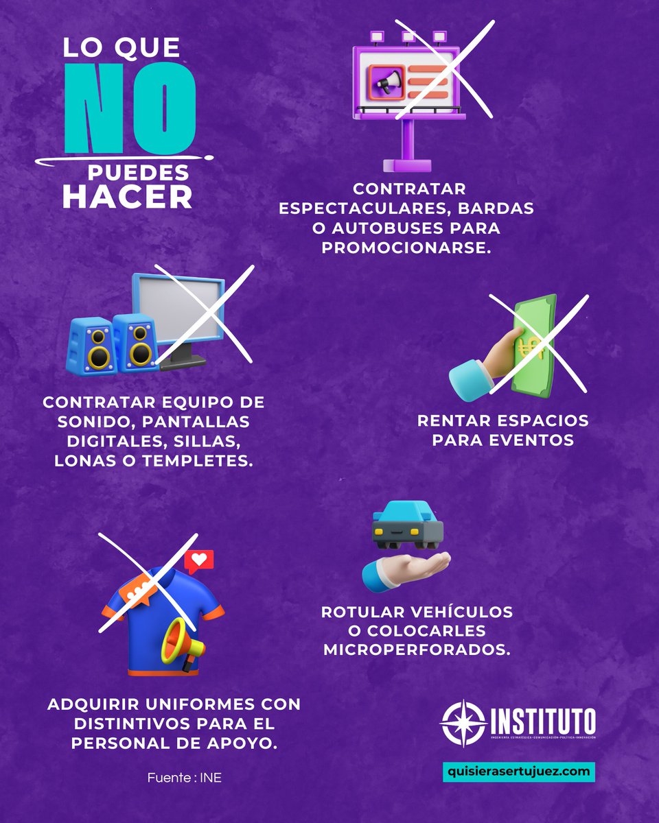 ¿Eres candidat@ en las #EleccionesJudiciales?⚖️
¡Ojo! Hay reglas muy claras sobre qué NO puedes hacer durante tu campaña ❌

Si quieres saber más sobre esta elección histórica, entra a: quisierasertujuez.com 🌐
#ElecciónJudicial2025  #PoderJudicial
