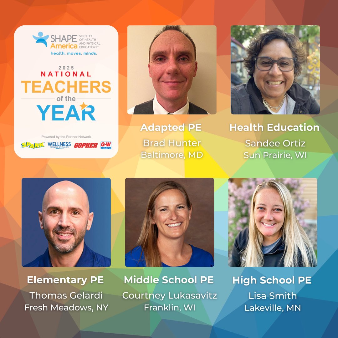 We are excited to announce our National Teachers of the Year. Join us in congratulating these amazing educators on this accomplishment 😃

APE
Brad Hunter

Health Education
Sandee Ortiz

Elementary PE
Thomas Gelardi

Middle School PE
Courtney Lukasavitz

High School PE
Lisa Smith