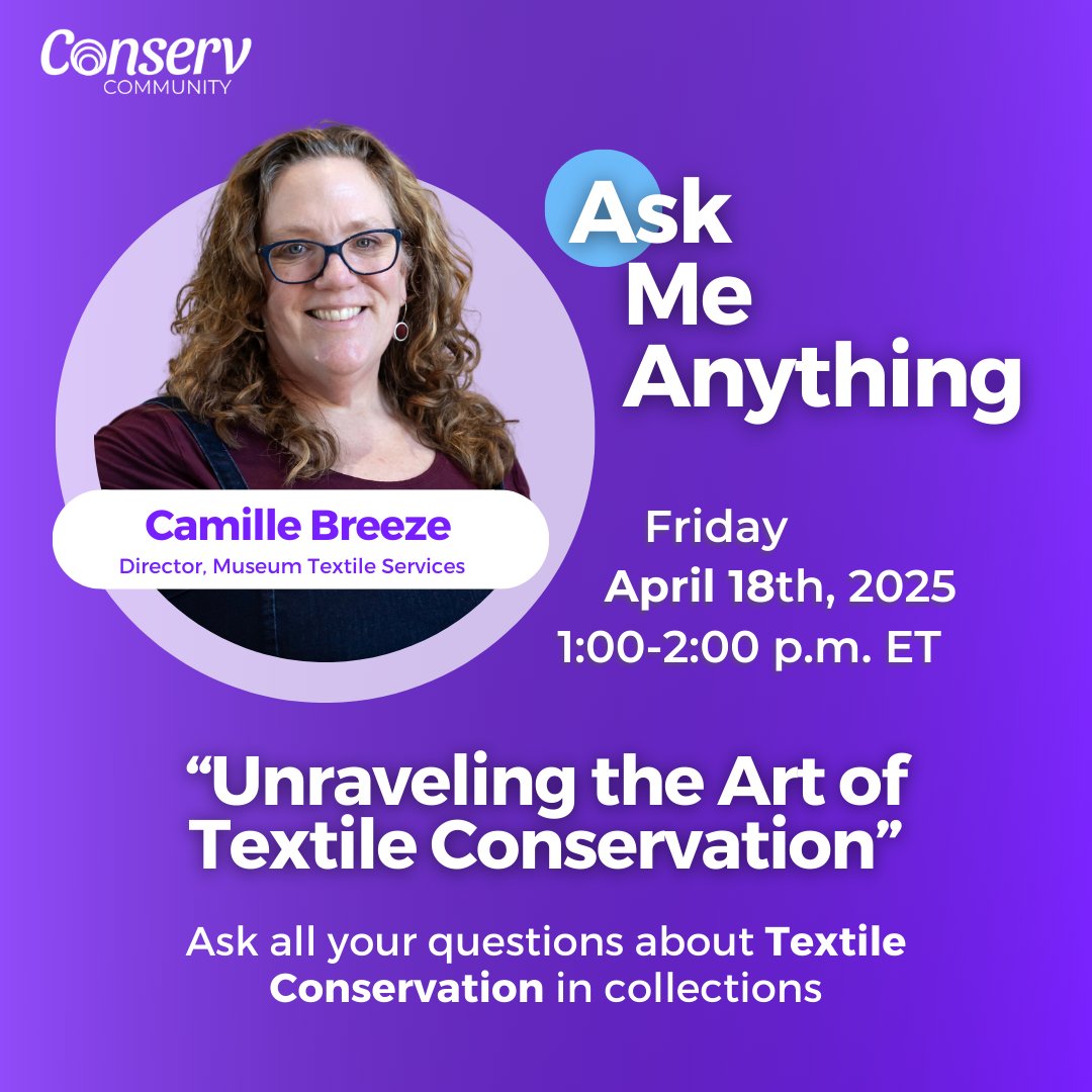 TeamConserv's tweet image. Join us for an AMA about textile conservation with Camille Breeze, Director of Museum Textile Services. Camille&apos;s ready to answer ALL your questions about fabric preservation, museum practices &amp;amp; more!
🗓️ April 18
⏱️ 1-2pm ET
🔗 bit.ly/44adMHY
#TextileConservation #AMA