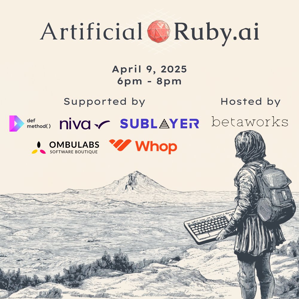 📢 📢 📢 We are looking forward to our 6th Artificial Ruby meetup next week on 4/9 - shoutout to <a href="/betaworks/">Betaworks</a>  for hosting us again! (lu.ma/51iv0zzl)

​Our speakers have been finalized and we are excited to welcome to the stage...