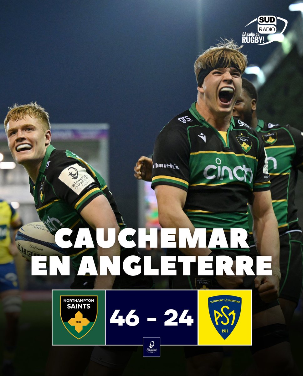 SudRadioRugby's tweet photo. 🌋 Après une bonne entame, Clermont a vécu une rencontre cauchemardesque à Northampton et est éliminé de la Champions Cup (46-24).
🚑 En plus de la défaite, l'ASM a perdu sur blessure son capitaine Fritz Lee, Akhaladze, Falgoux et Delguy.
💬 Votre avis sur le match ?
#NORvASM https://t.co/iLPcCD5L2n