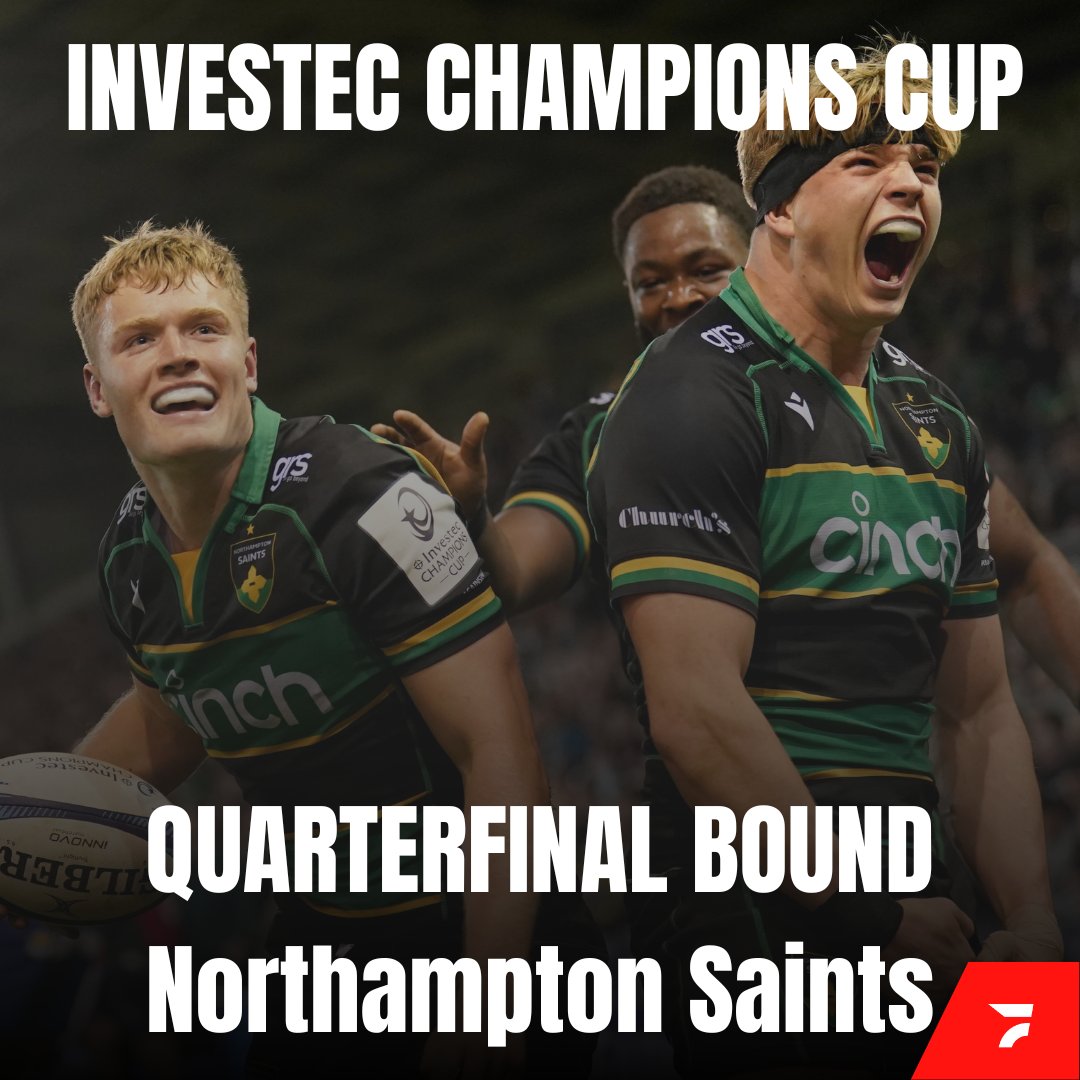 FloRugby's tweet photo. The Saints go marching onto the quarterfinals! Henry Pollock, Fin Smith, Alex Mitchell and Tommy Freeman were on another level against Clermont 😇
#InvestecChampionsCup #northamptonsaints #NORvASM https://t.co/YfGyOdbE09
