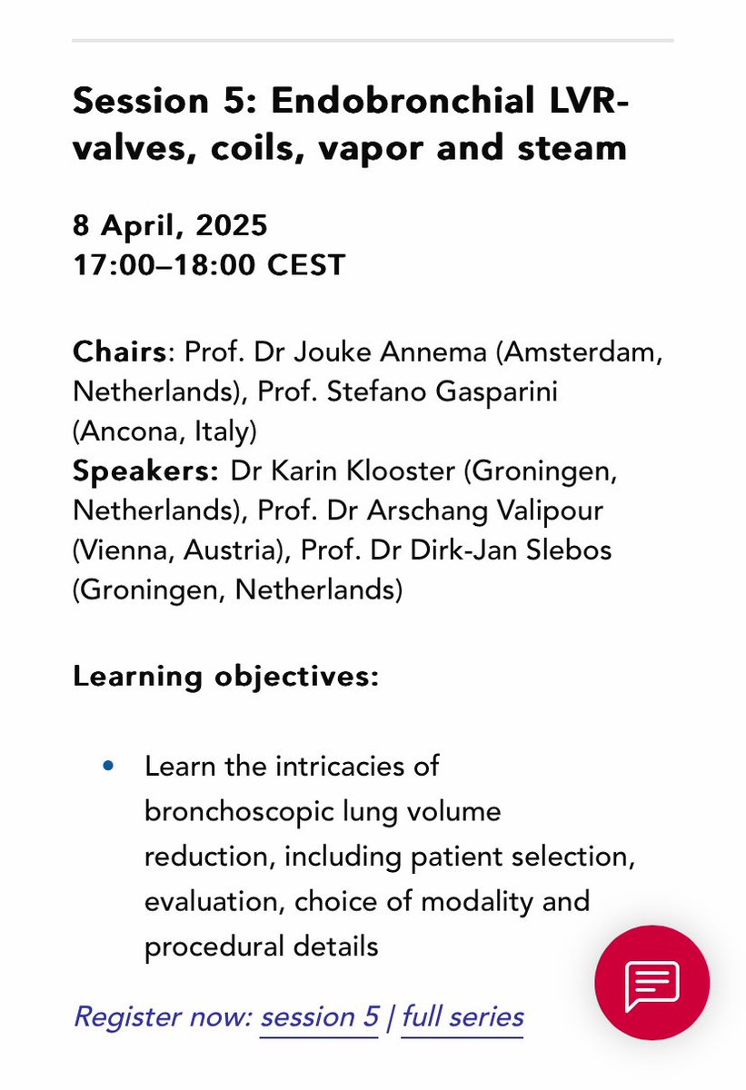 Join us at this #ERS webinar on endobronchial lung volume reduction on April 8th, 2025. Use this opportunity to get a better understanding of the currently available endoscopic techniques in the treatment of emphysema. 

Use the below link to register: 
ersnet.org/events/interve…