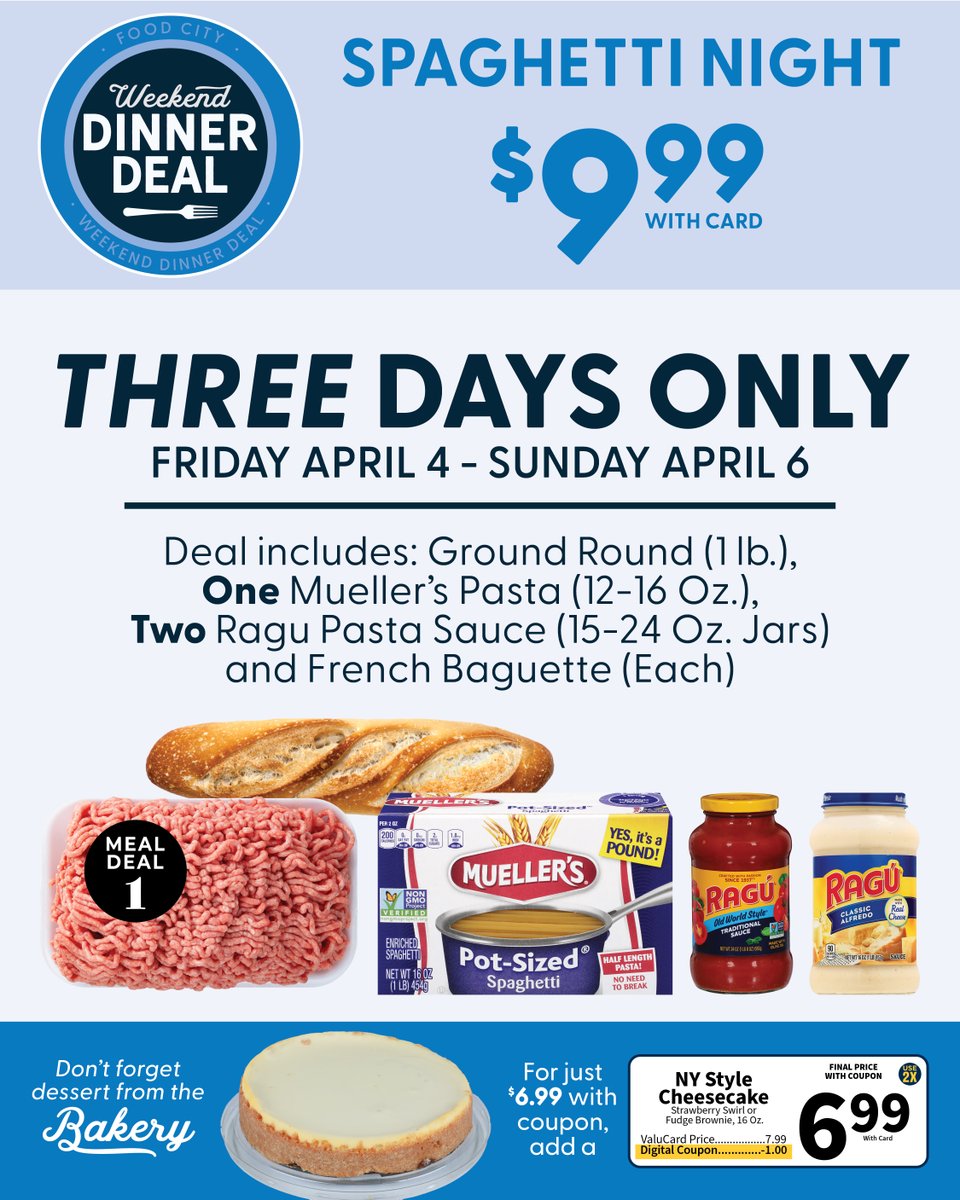 FoodCity's tweet image. It&apos;s spaghetti night this weekend! 🍝  Get special deal-only pricing this Friday, Saturday &amp;amp; Sunday when you purchase selected meal items.

#mealdeal #spaghettinight #savings #weekenddinnerdeal #foodcity #shopfoodcity