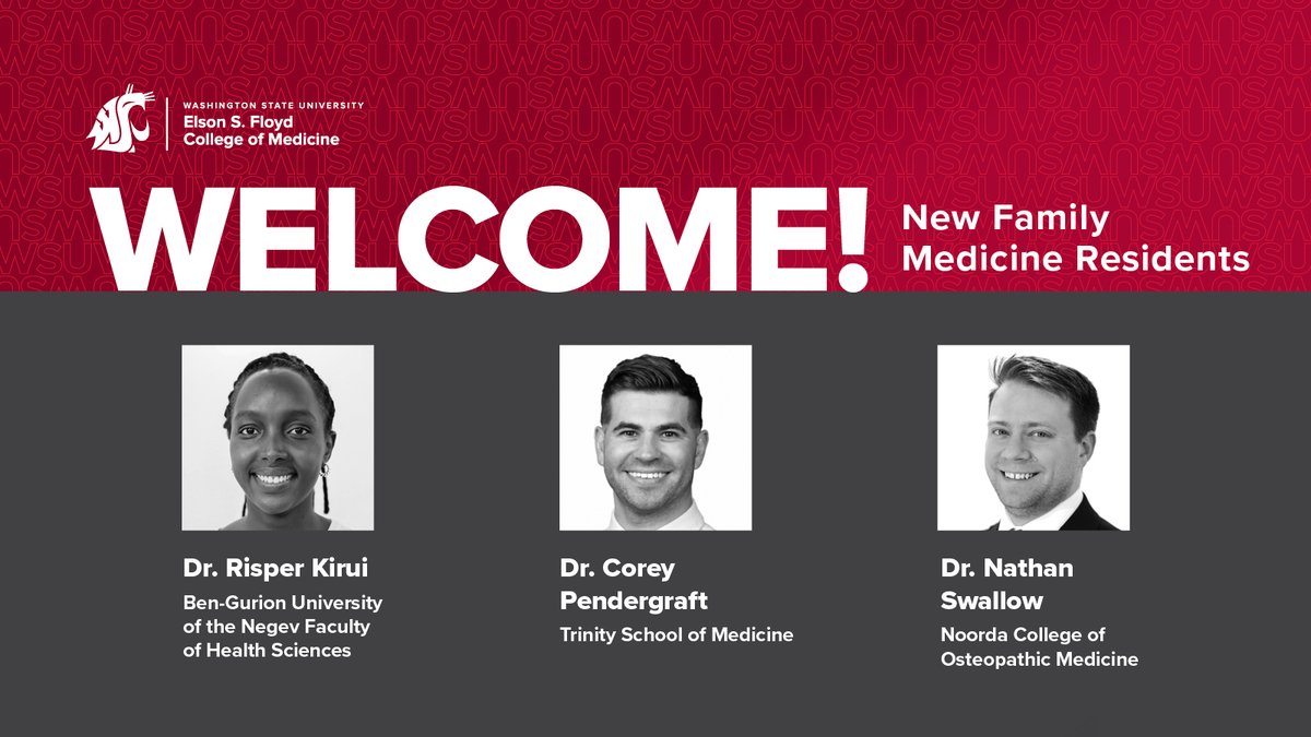WSUMedicine's tweet photo. 🌟 Congratulations to the three new residents joining our Family Medicine Residency Program this summer.

Dr. Risper Kirui, Dr. Corey Pendergraft &amp; Dr. Nathan Swallow were selected from more than 460 applicants.

#WSUMedicine #CougDocs #GoCougs #MedicalResidency #FamilyMedicine https://t.co/EoAxciDdcS
