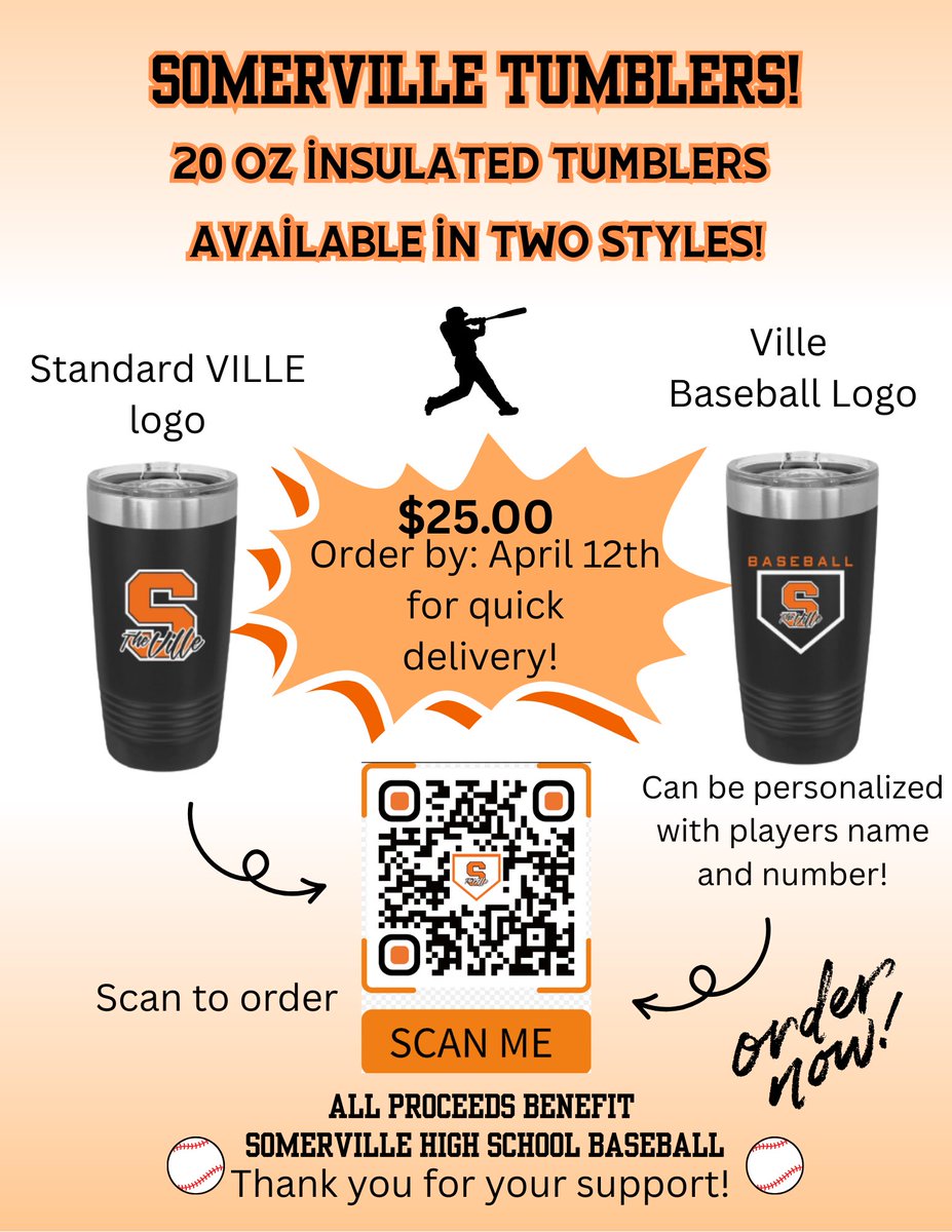 Get your 20oz Ville insulated tumblers!! 
See the flyer for details and the store link to order. Store closes on April 12th with a 1-2 week delivery date! Once they arrive we will arrange for pick ups! 
perfect gift ideas!

mthreeapparel.com/ville-baseball