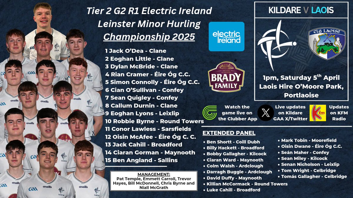 KildareGAA's tweet image. Pat Temple and his management team have named their Kildare Minor Hurling panel for the first round of the Electric Ireland Leinster Minor Hurling Championship as they take on Laois tomorrow in Laois Hire O'Moore Patk at 1pm 

All support is very welcome! 

Advance ticket sales…
