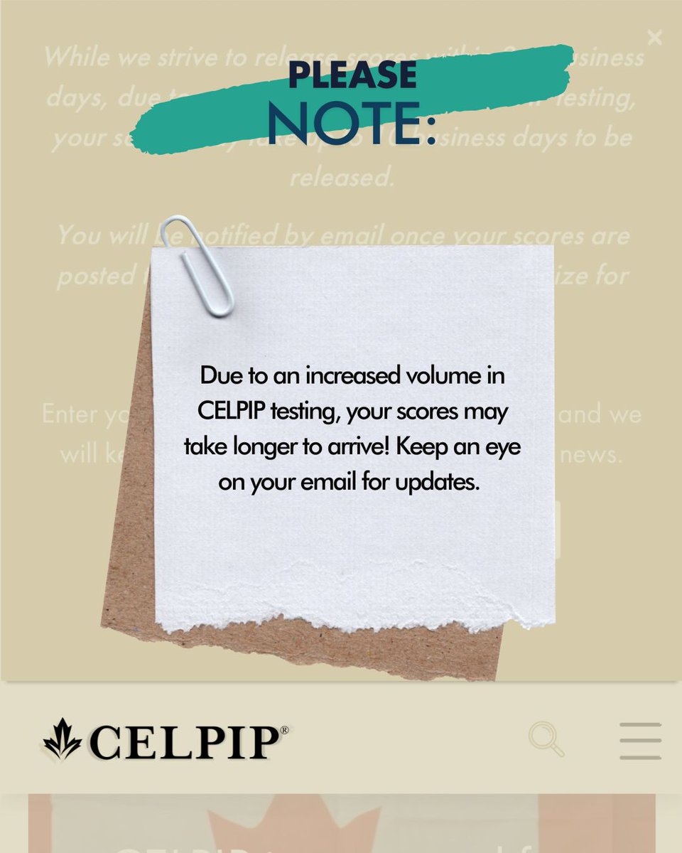 thecelpiptest's tweet image. We are honoured by the high volume of registrations and are working diligently to release scores within 3-4 business days. We apologize for any inconvenience and greatly appreciate your patience and understanding.

#celpipscores #celpiptest