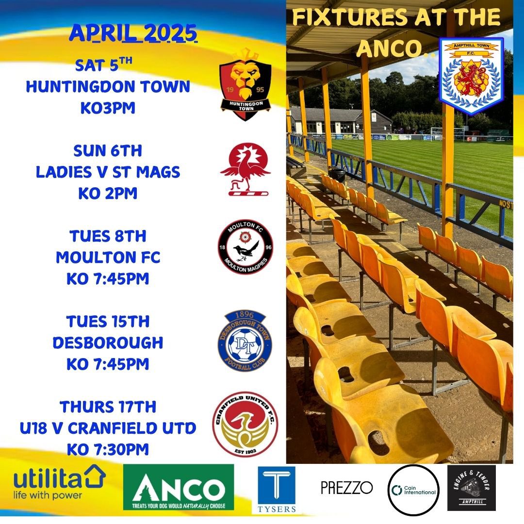 April at the Anco Stadium sees 3 games for the 1st team,   Amps Ladies final home game and the u18 finish off their season with a double header with Biggleswade Utd.  Lots of football to look forward to…. COYA💙💛💙 <a href="/ampthillinfo/">Ampthill.Info</a>