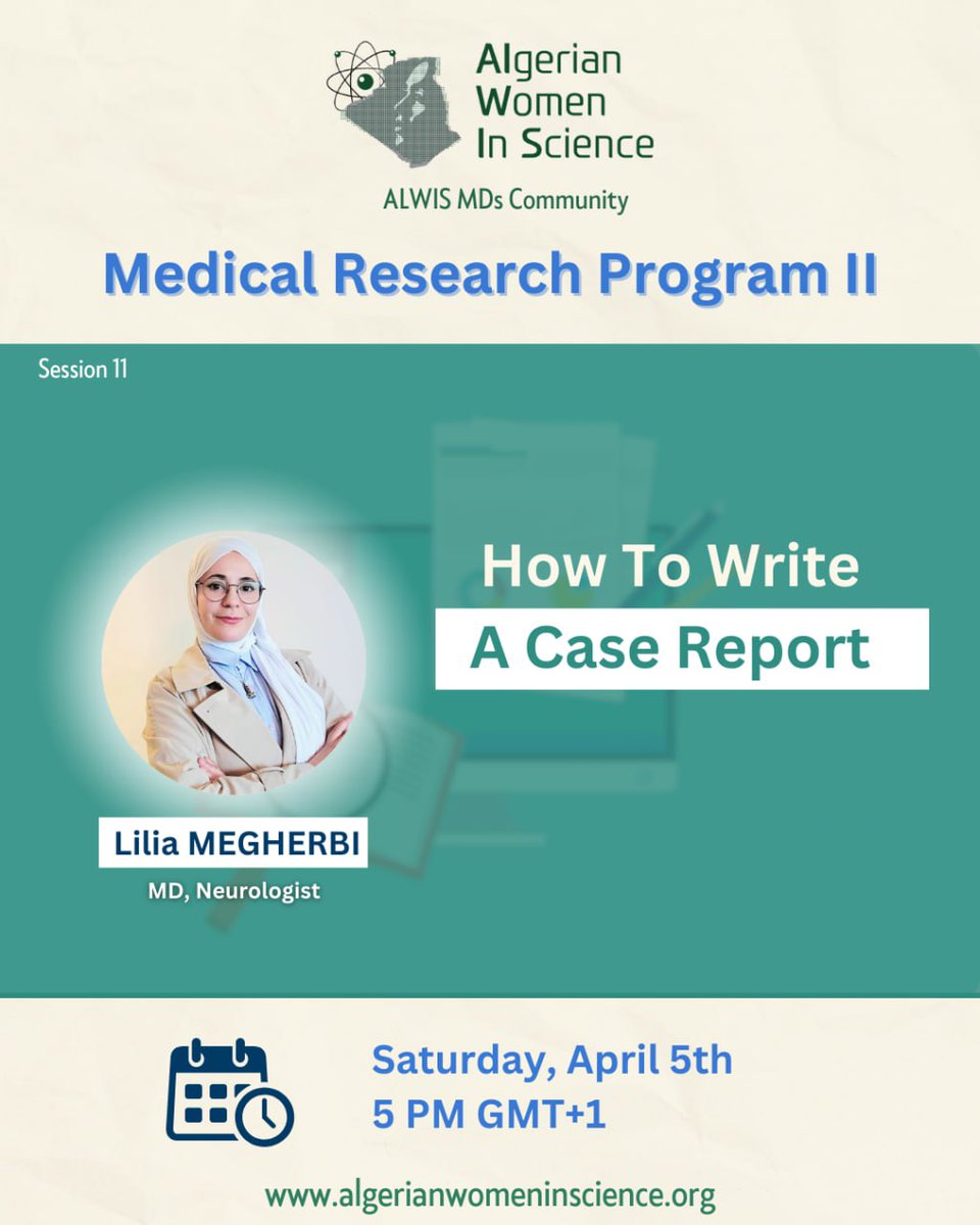 MRP Session 11: How to write a case report.

The session will feature Dr. Lilia Megherbi.

🗓 Saturday, April 5th

🕙 5 PM (GMT+1)

❗️Access is limited to participants accepted to the program.