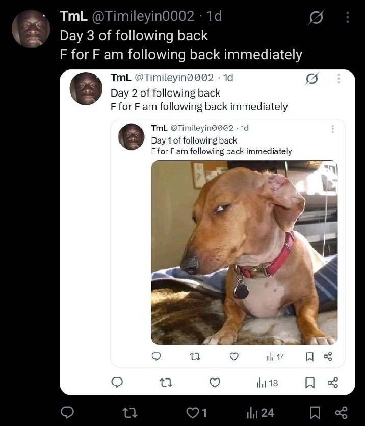 Timileyin0002's tweet image. Day 4 of following back 
F for F am following back immediately