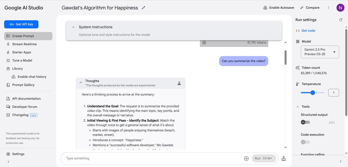 Observe61128581's tweet photo. AI Starter Kit course: 
In this project, I summarized a video using Google AI insert YouTube link featuring the Happiness Algorithm by Mo Gawdat.
#ALX_AI #GoogleAI https://t.co/4JFNq7Vl0x