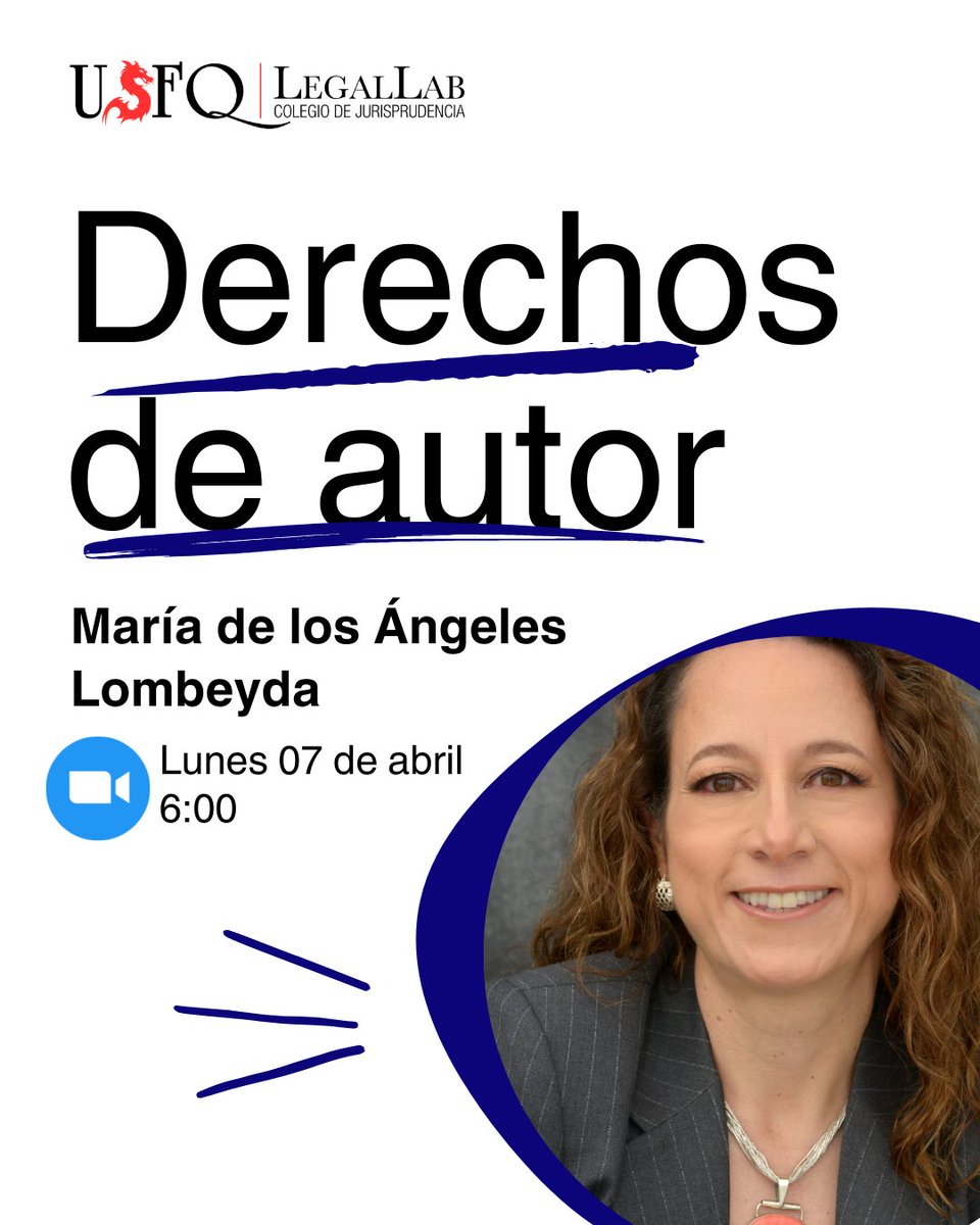 AVL 🟥👩‍🏫 | Nuestra socia María de los Ángeles Lombeyda dictará una charla sobre #DerechosDeAutor para estudiantes de diversas carreras de la <a href="/USFQ_Ecuador/">Universidad San Francisco de Quito</a>.
Evento virtual organizado por el Legal Lab del Colegio de <a href="/USFQ_Derecho/">Jurisprudencia USFQ</a> 

🗓 7 de abril de 2025
🕕 18h00

#SomosUnoSomosAVL
