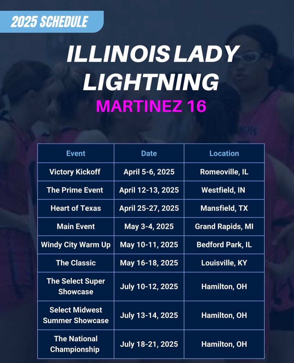 Here’s my AAU schedule for the 2025 season. Ready for a great year!! <a href="/LadyLightningIL/">IL Lady Lightning</a>