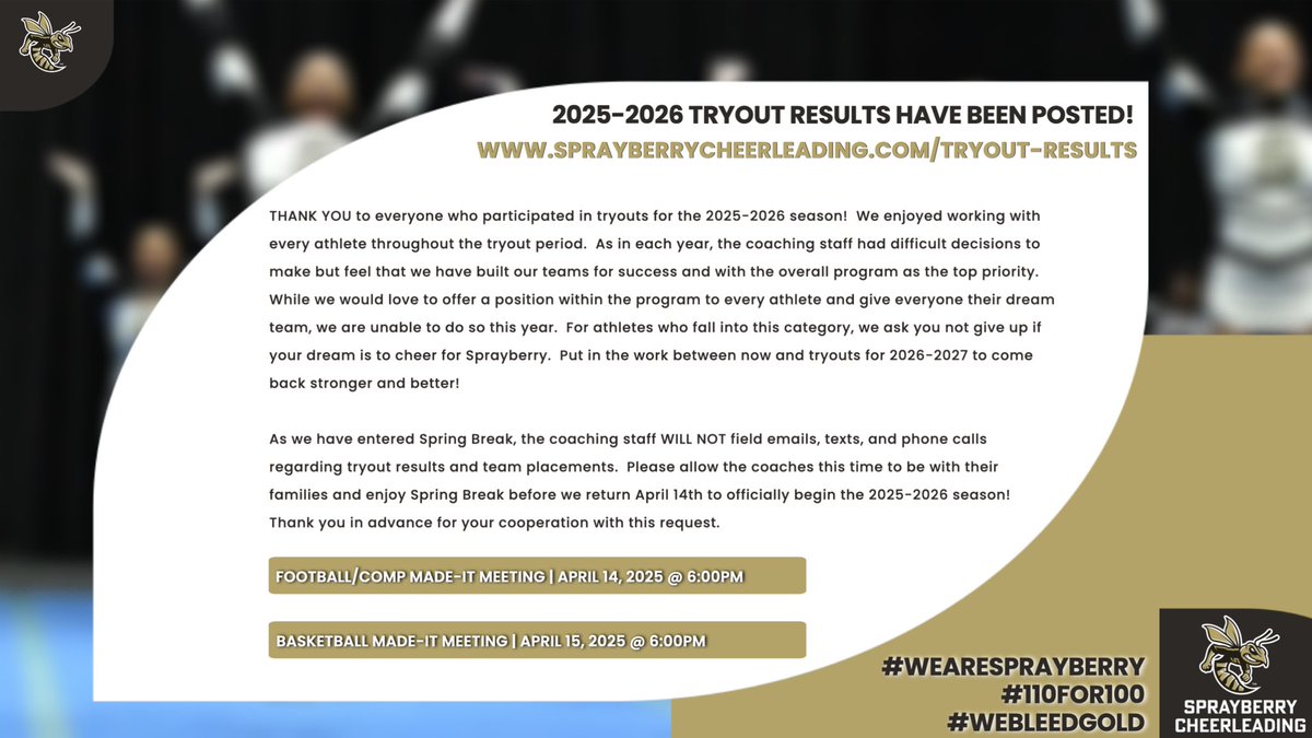Tryout Results are posted!!! 
🖤💛🐝📣
#shspositiveposting #wearesprayberry
#110for100 #WEBLEEDGOLD