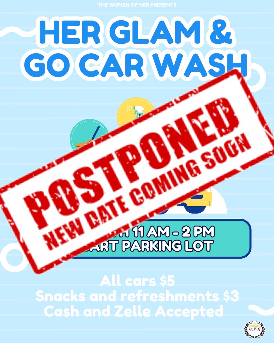 🚗 Important Update!
Our HER Glam and Go Car Wash has been postponed due to expected rain ☔️. Stay tuned for the new date. Thank you for your patience and support! 🦋

#WomenOfHer #HERGlamAndGo #CarWashUpdate