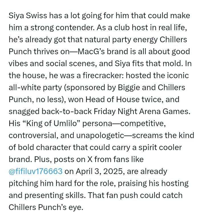 <a href="/fifiluv176663/">fifiluv</a> 
It may seem as though you have been working love,<a href="/SiyaSwiss/">Swiss #BBMzansi S5</a>  for <a href="/ChillersPunch/">Chillers Punch</a>  ambassadorship
#ChillersPunchAmbassador 
#ChillersPunch