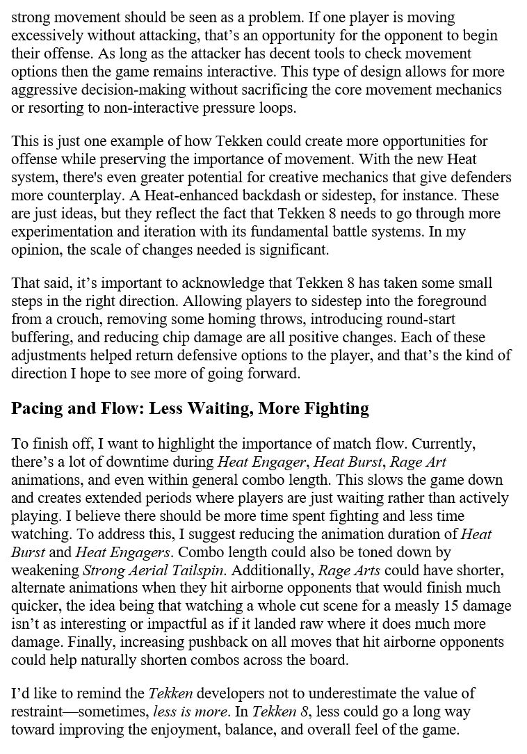 <a href="/nkt_dreamer/">Kohei Ikeda（Nakatsu）</a> <a href="/mykeryu/">Michael Murray</a> <a href="/Harada_TEKKEN/">Katsuhiro Harada</a> <a href="/TEKKEN/">TEKKEN</a> As a passionate Tekken player, I’ve compiled some thoughts on the current state of Tekken 8’s balance, aggression design, and match flow. I believe a fundamental shift in gameplay design would go along way. Hope it gives some insight.