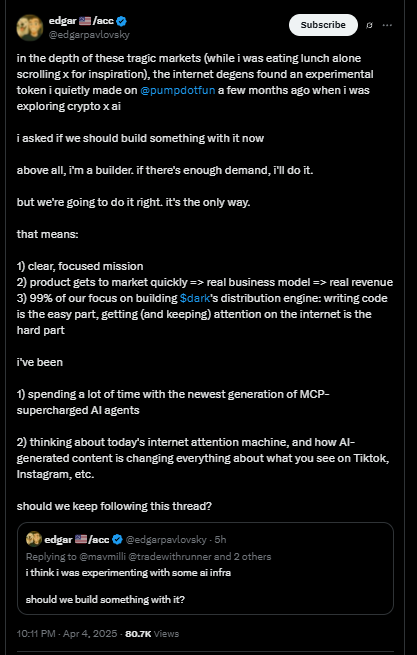 $DARK
<a href="/marginfi/">marginfi</a>'s Ceo <a href="/edgarpavlovsky/">edgar</a> has  launched this  coin 4mo ago, but sent only today
#DARK was created while exploring "crypto x AI,"
Very bullish on that coin, dev will continue building this

8BtoThi2ZoXnF7QQK1Wjmh2JuBw9FjVvhnGMVZ2vpump