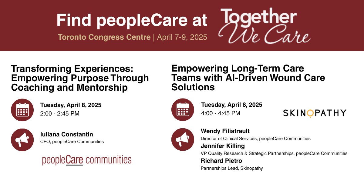 Find us at Together We Care 2025 hosted by <a href="/OLTCAnews/">Ontario LTC Assoc.</a> and <a href="/ORCAretirement/">ORCA</a> from April 7-9! 

@peoplecare_ca will be featured in 2 presentations on Tuesday - check them out! together-we-care.com/2025home/Event… 

#TWC2025 #TogetherWeCare2025