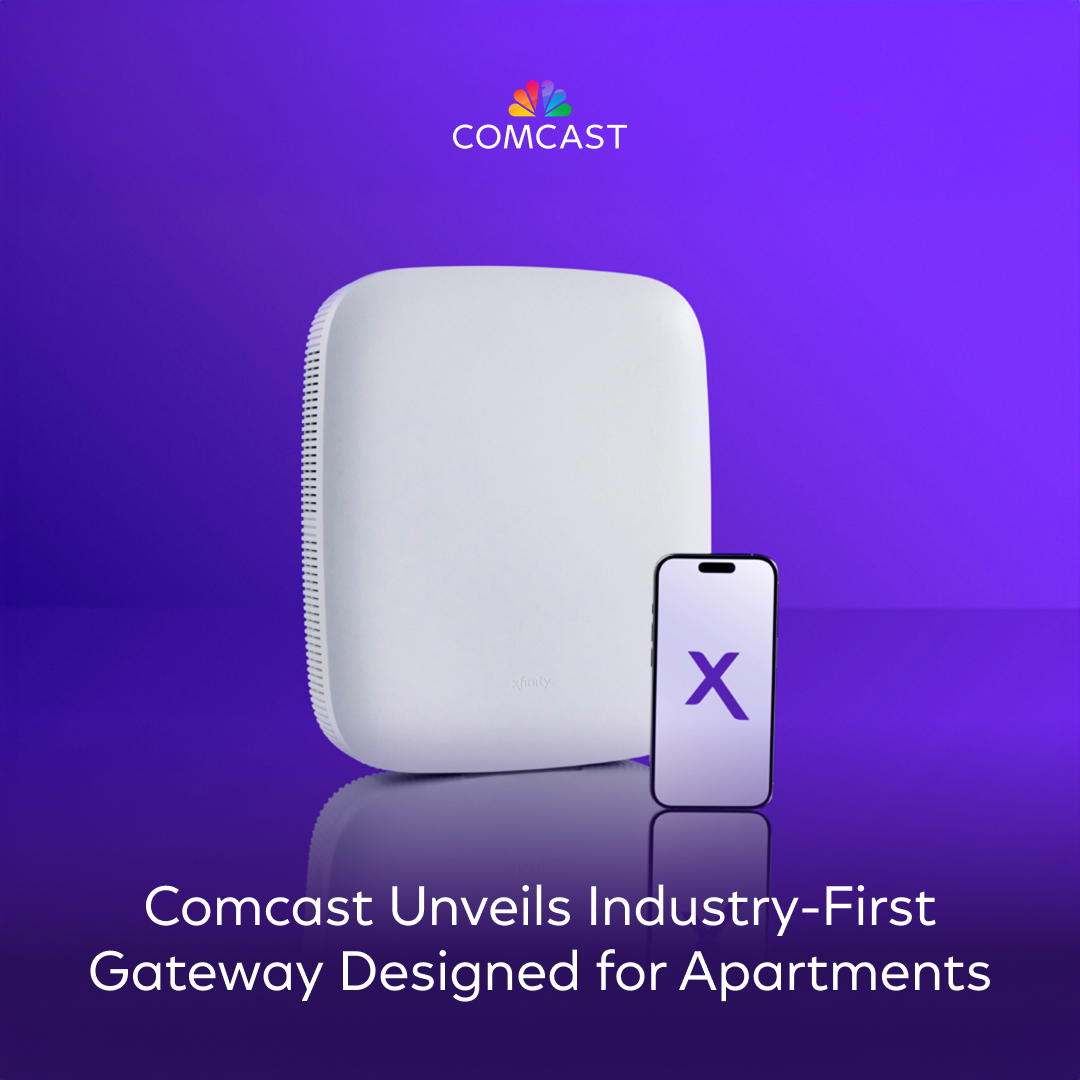comcast's tweet photo. We're unveiling an innovative gateway designed for apartment buildings, with instant-on connectivity for residents. It's built with Tri-Band WiFi 6E technology that delivers faster speeds, lower latency, and more.