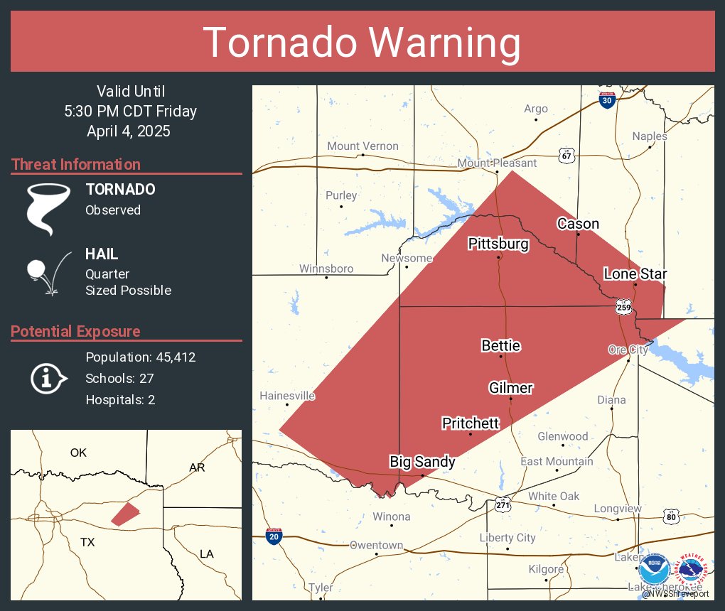NWStornado's tweet photo. Tornado Warning including Gilmer TX, Pittsburg TX and  Lone Star TX until 5:30 PM CDT https://t.co/g6rcNfZdS6