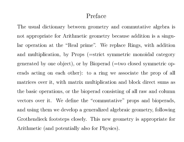 Niche post of the day ''Non-additive Geometry'' a primer available on arxiv (last revised in 2024) by one of the deepest mind in the world today, Shai Haran. 

A new geometry, for arithmetic and potentially for physics as well.