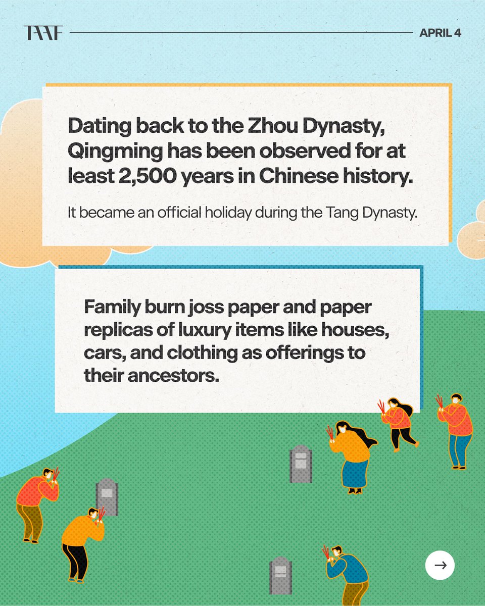 taaforg's tweet image. A traditional Chinese festival that takes place on the fifteenth day after the spring equinox, Qingming is a time for families to gather as they clean graves, make offerings, and reflect on their ancestral history. Swipe to learn more.