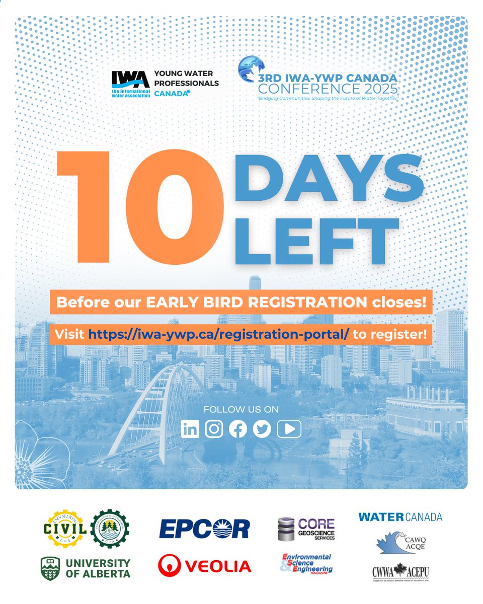 🚨 Did you hear the news? Early bird registration for the 3rd IWA-YWP Canada Conference closes in 10 days! ⏳

REGISTER HERE: iwa-ywp.ca/registration-p…

📲 Stay connected for the latest updates: linktr.ee/ywp_canada